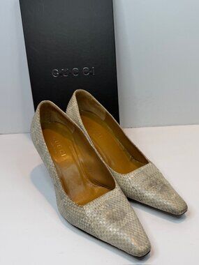 Gucci Decollete Pelle Ayes Roccia Snakeskin Heels Pumps Size 6B w/ Dust Bag